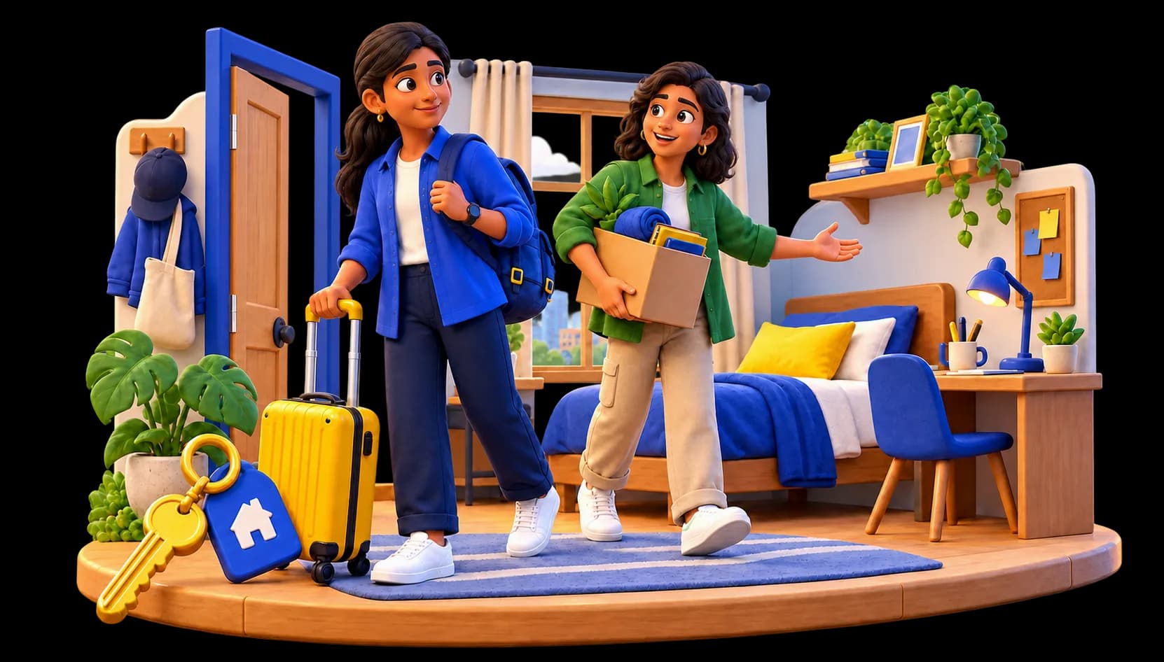 Two clay female students moving into a shared room together