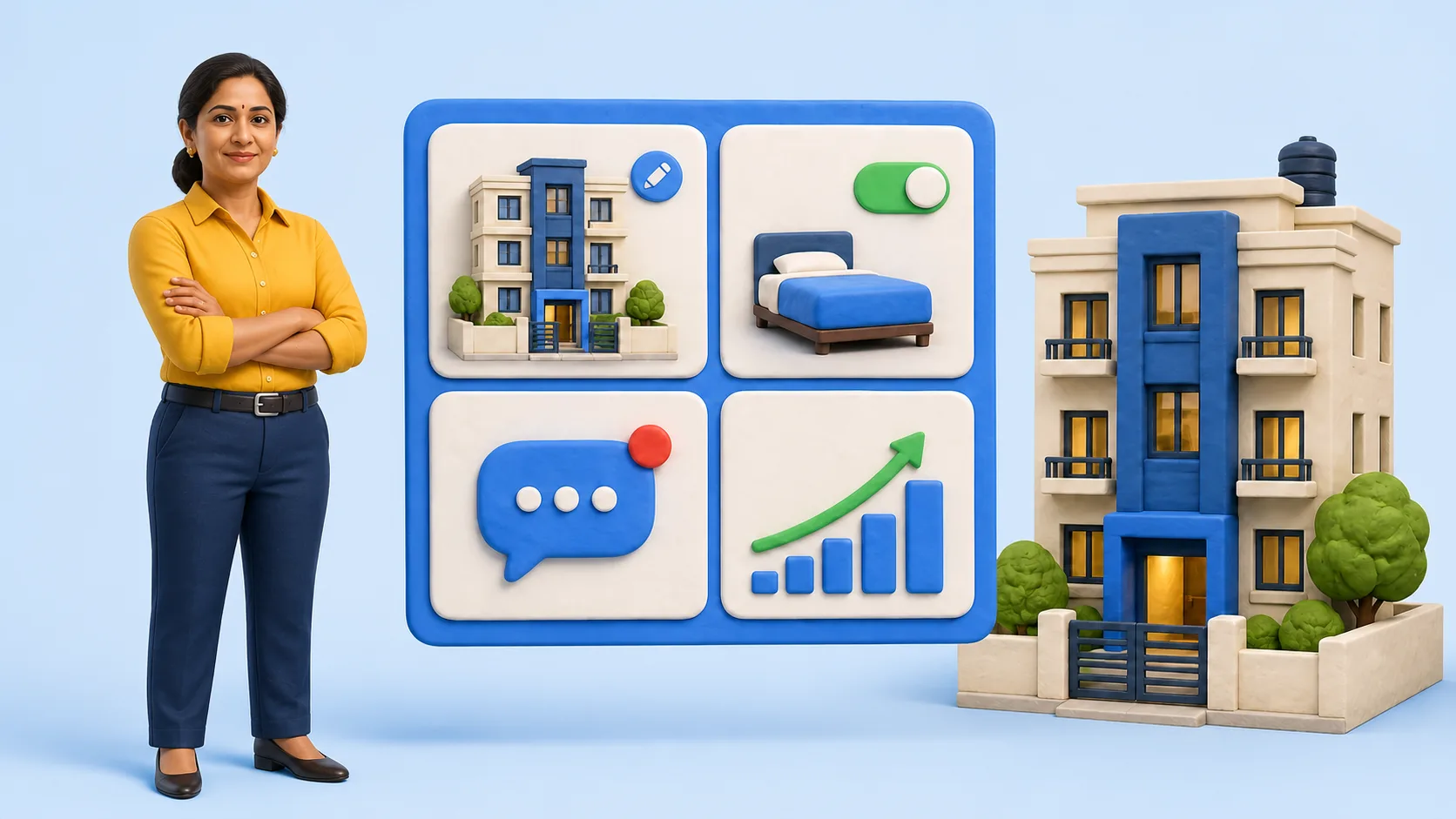 Clay female property owner managing a listing, availability, enquiries and analytics